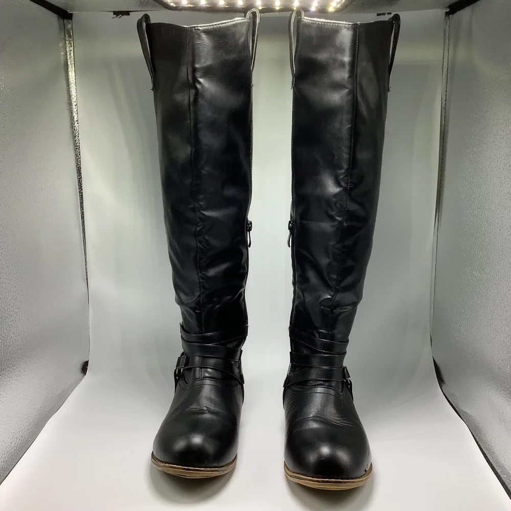Women's Harness Pull Tabs Riding Boots Black Knee High 8.5‎